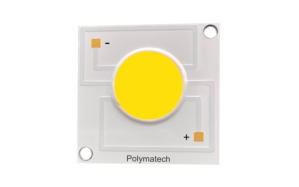 Polymatech chip-on-board LED emitter with a white-light emitting surface on a square substrate, showing polarity-marked solder pads and two diagonal mounting holes.