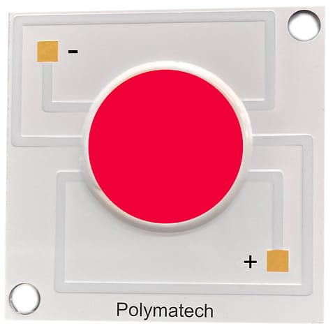 Polymatech red and hyper-red chip-on-board LED on the 30 by 30 millimetre platform.