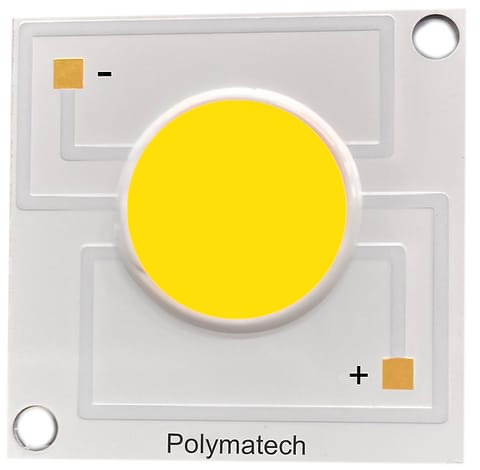 Polymatech white and general-light chip-on-board LED with yellow phosphor emitting surface.