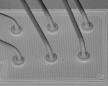 Scanning electron micrograph showing copper bond wires preserved intact on the die surface after CuPROTECT processing.