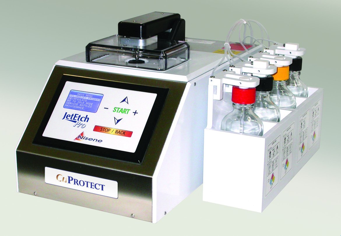 JetEtch Pro CuPROTECT system, with the CuPROTECT nameplate on the front panel, operator control panel, sealed process chamber and reservoir module.