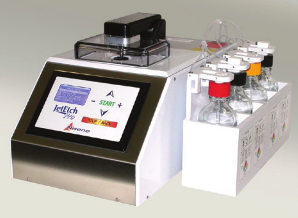 JetEtch Pro chemical decapsulation system, showing the operator control panel, the sealed process chamber and the four-bottle reservoir module.