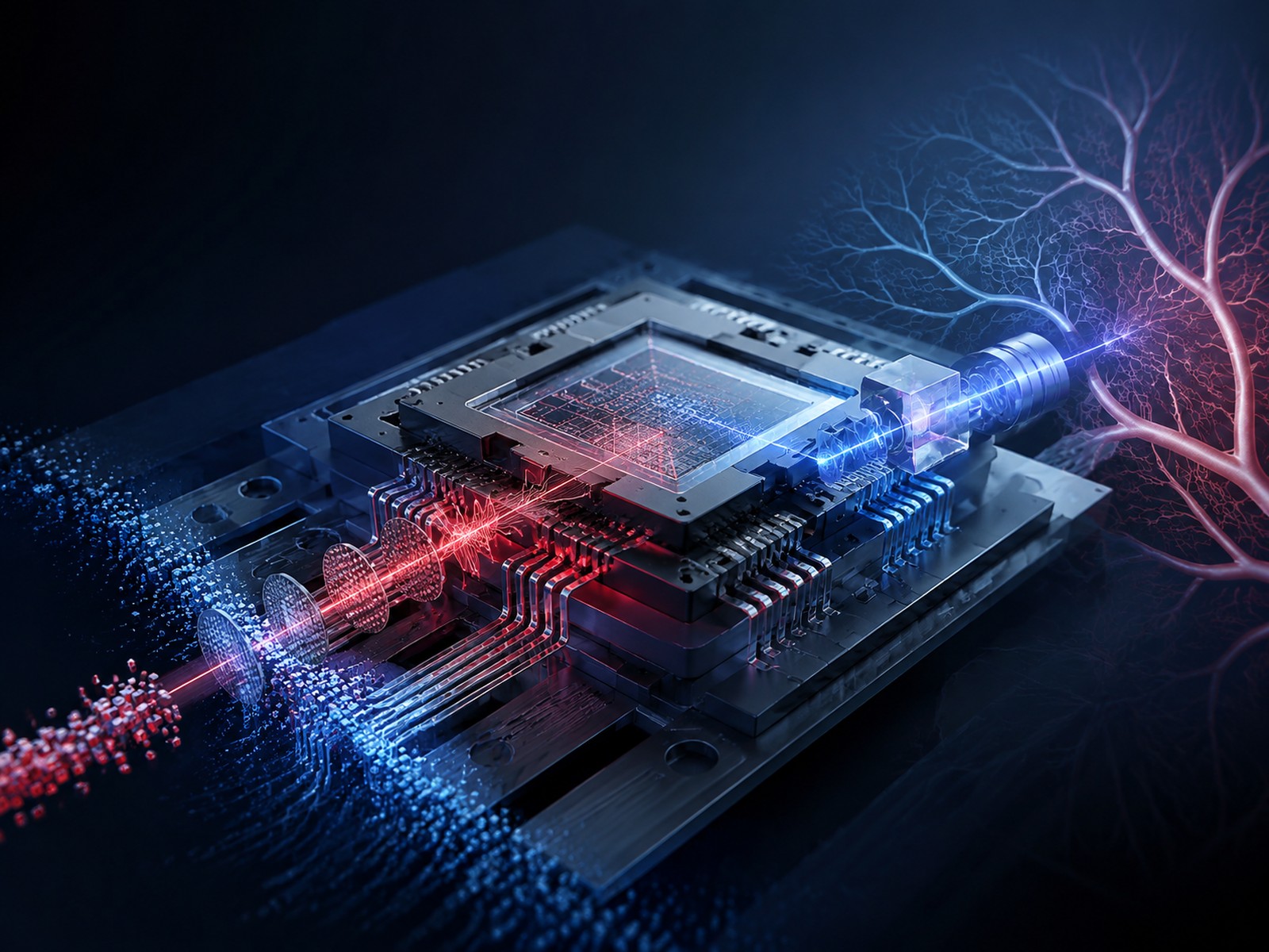 Conceptual visual connecting semiconductor analysis, advanced light technologies and medical imaging.