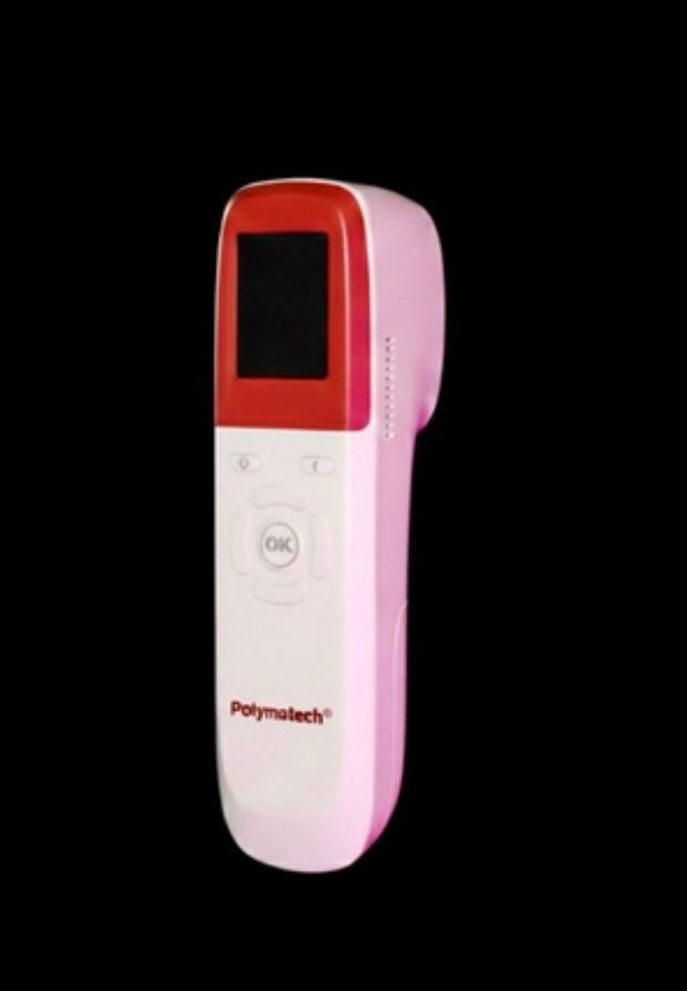 Ravaye E2 Vein Finder handheld unit, model PM-VF-100, showing the LCD display, power and navigation keys and contoured single-hand grip.